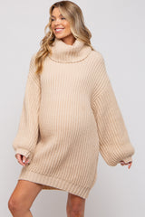 Cream Turtleneck Puff Sleeve Maternity Sweater Dress