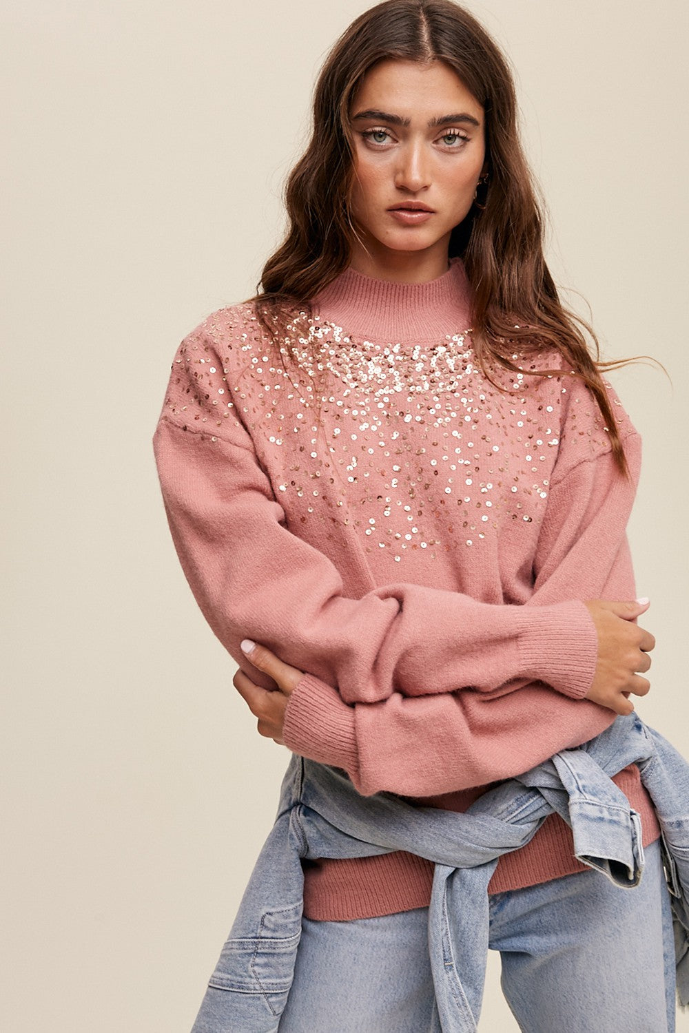 Mauve Sequin Knit Mock Neck Maternity Sweater