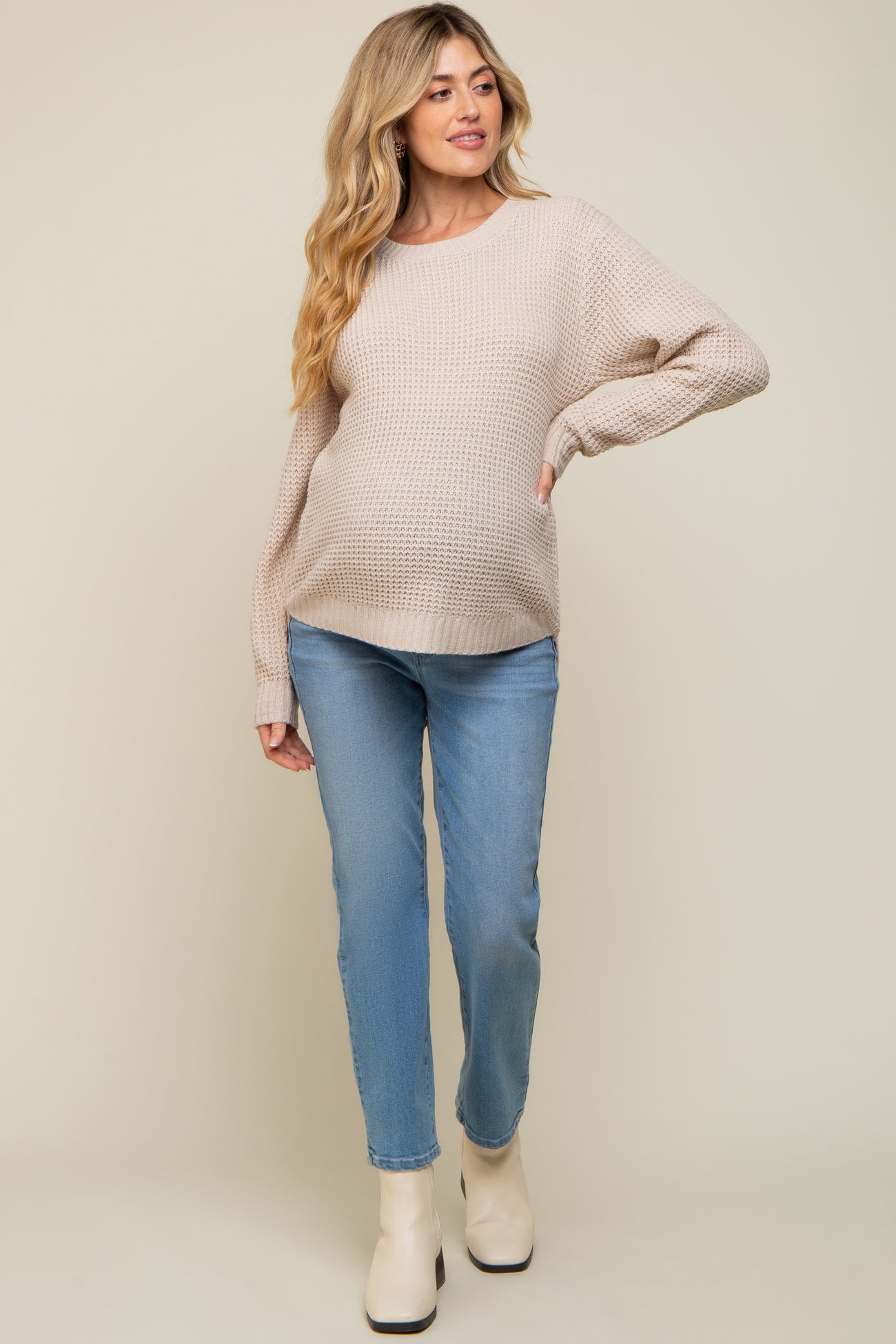 Beige Waffle Knit Round Hem Sweater