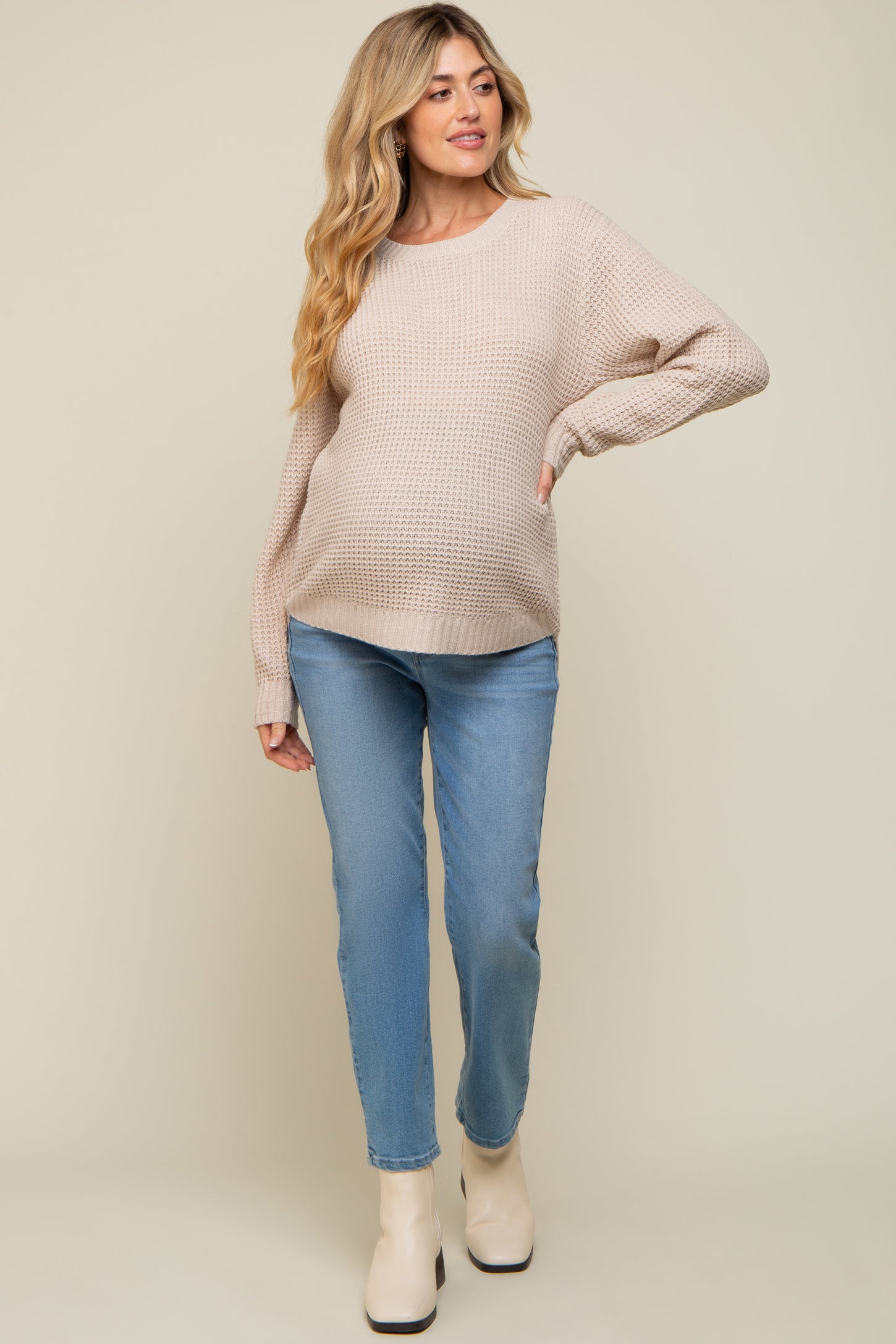 Beige Waffle Knit Round Hem Sweater