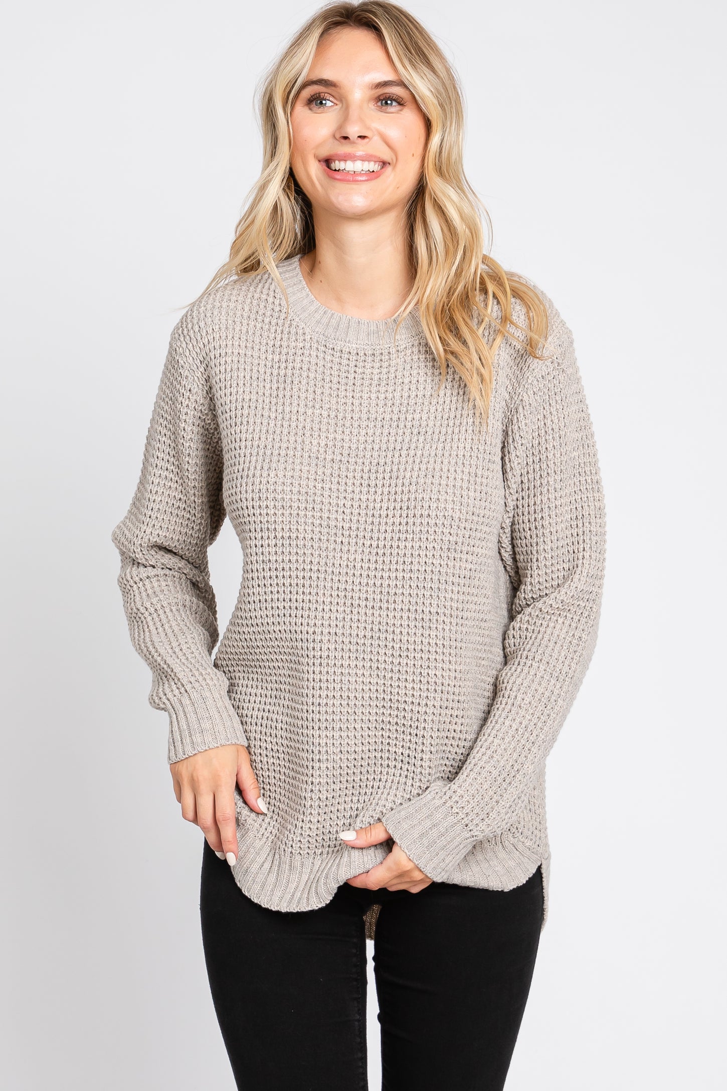 Taupe Waffle Knit Round Hem Sweater