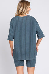 Blue Ribbed Soft Short Sleeve Shorts Set