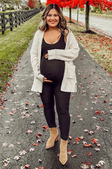Beige Brushed Chenille Knit Maternity Cardigan