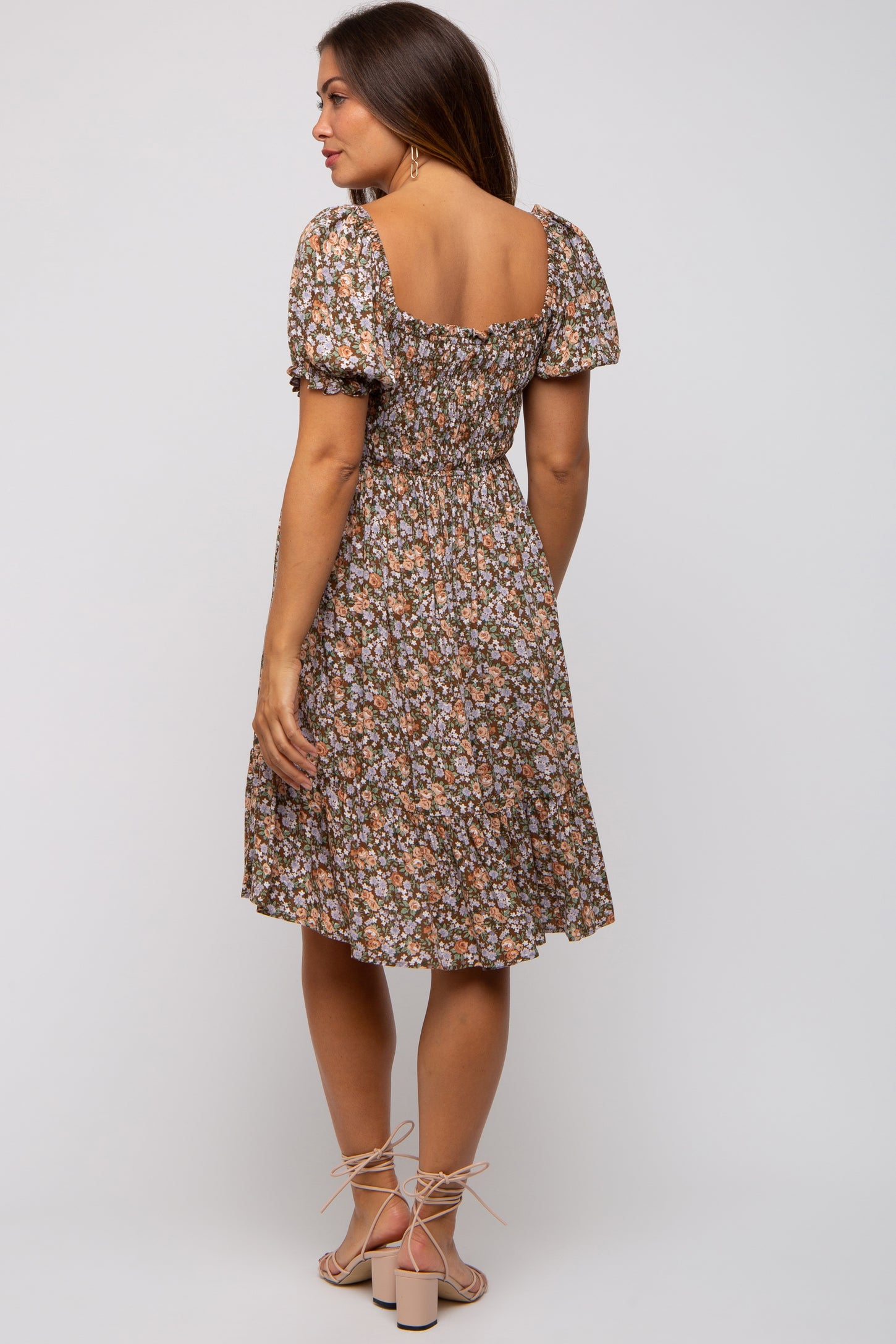 Mocha Floral Smocked Square Neck Short Sleeve Maternity Dress