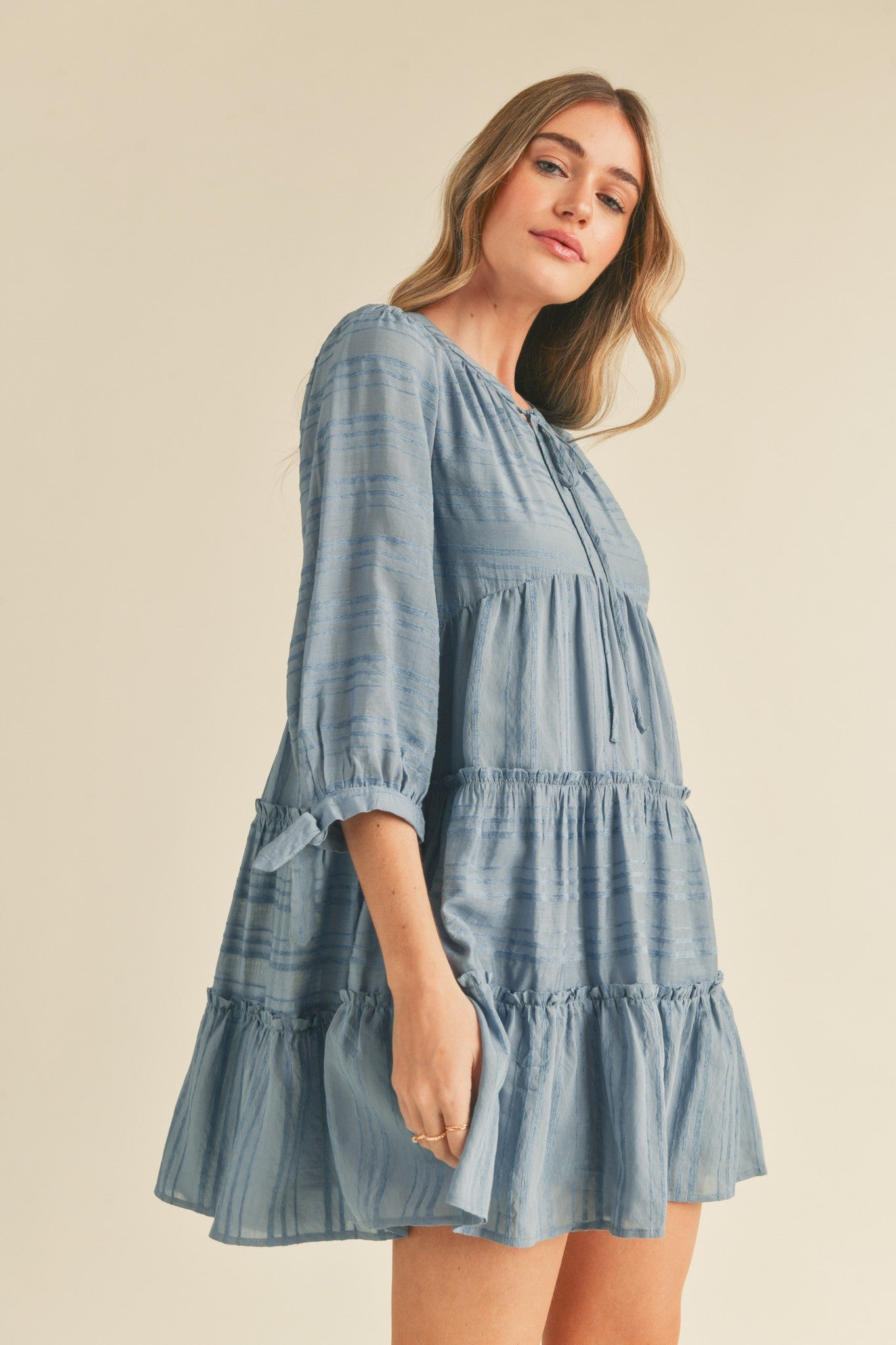 Dusty Denim Blue Tiered Long Sleeve Mini Dress
