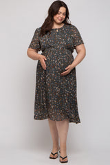 Forest Green Floral Pleated Chiffon Maternity Plus Midi Dress