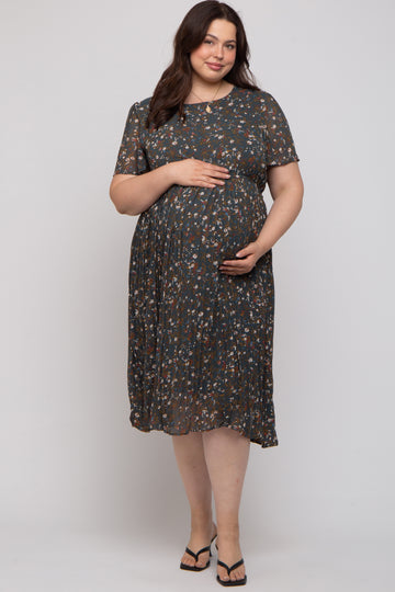 Forest Green Floral Pleated Chiffon Maternity Plus Midi Dress