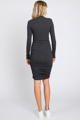 Charcoal Ribbed Mock Neck Ruched Long Sleeve Dress