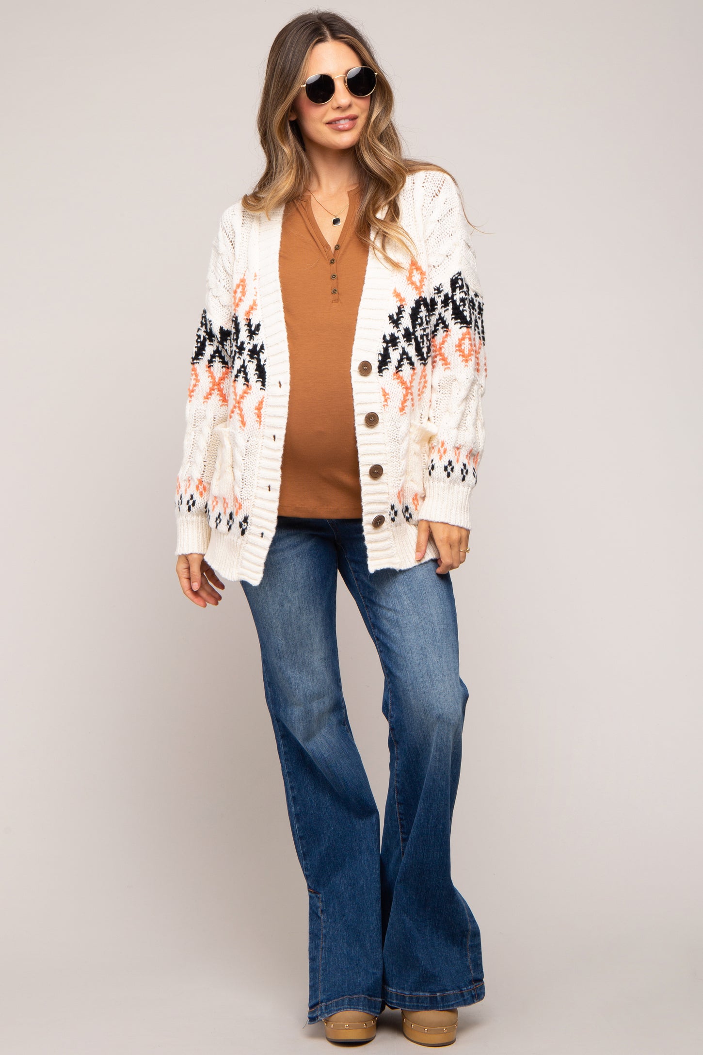Cream Printed Chunky Cable Knit Maternity Cardigan