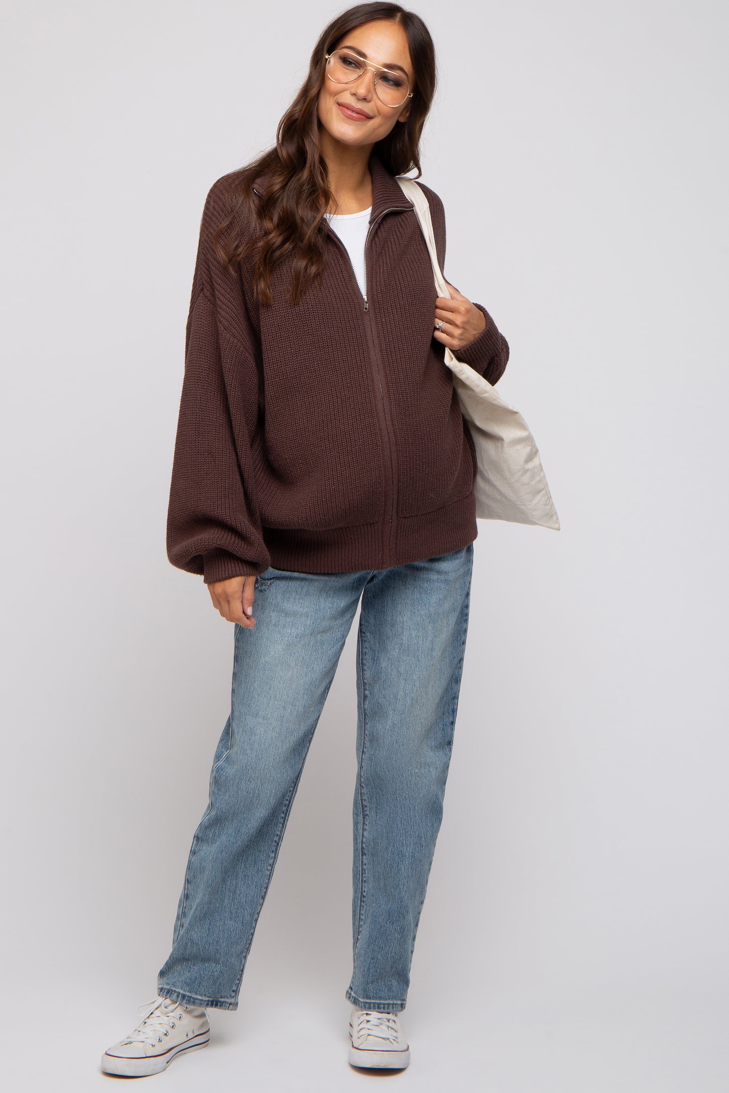 Brown Oversized Zip Up Cardigan