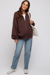 Brown Oversized Zip Up Cardigan
