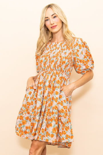 Taupe Floral Smocked Puff Sleeve Dress