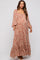 woman wearing a floral print maternity maxi dress with long sleeves and a relaxed fit, highlighting her baby bump