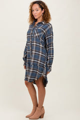 Blue Plaid Button Down Raw Hem Dress