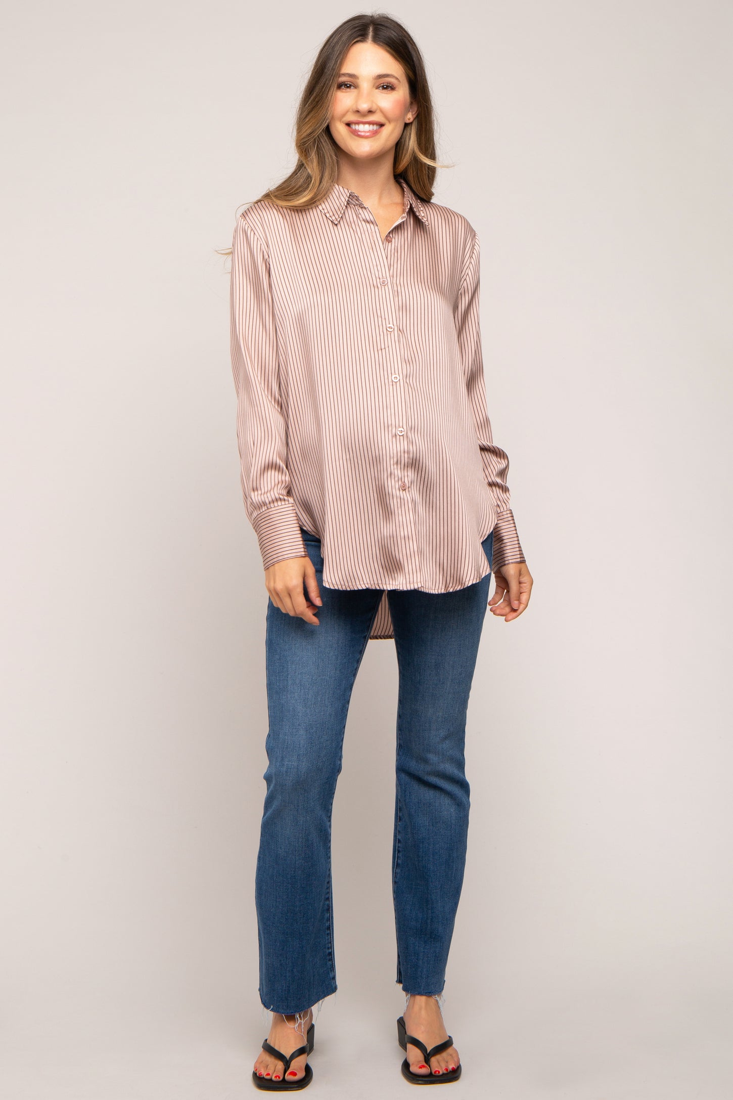 Mauve Striped Satin Maternity Button Up Top