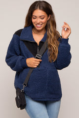 Navy Blue Colorblock Half Zip Fleece Maternity Pullover