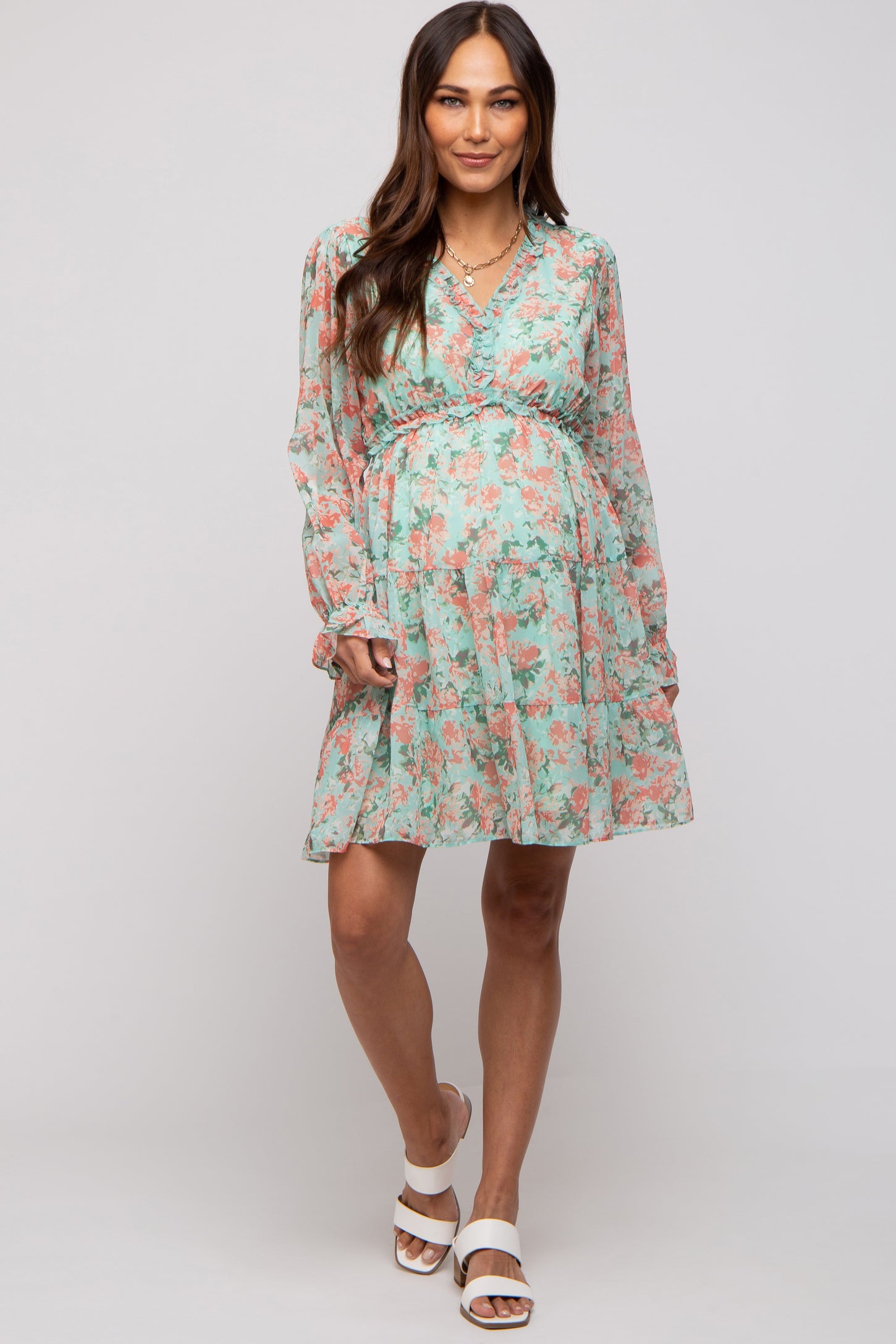 Aqua Floral Ruffle Accent Maternity Dress