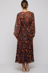 Navy Floral Long Sleeve V-Neck Maternity Maxi Dress