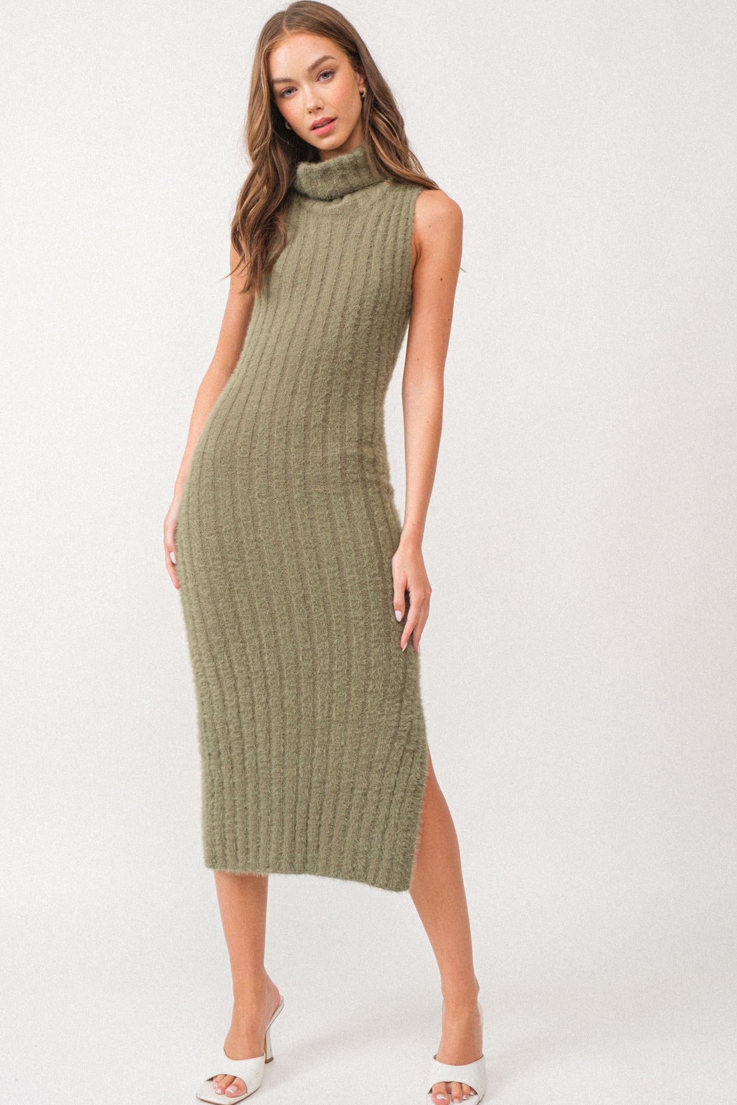 Olive Fuzzy Knit Sleeveless Turtle Neck Midi Dress