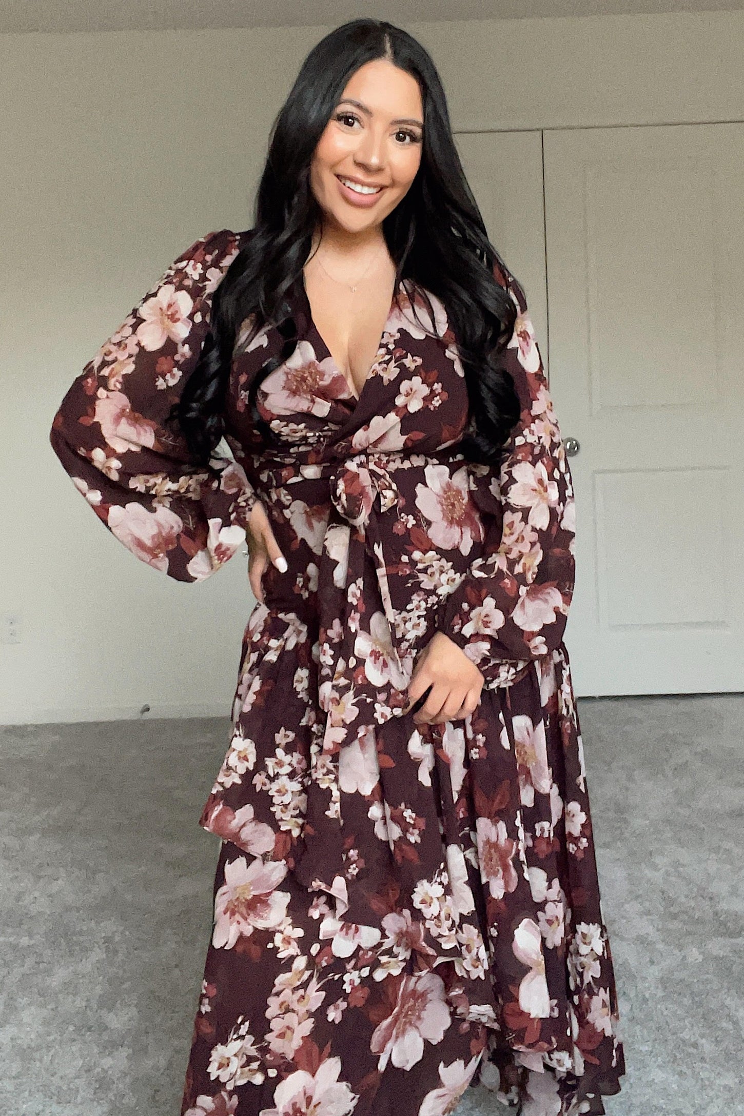 Burgundy Floral Chiffon Wrap Front Ruffle Midi Dress