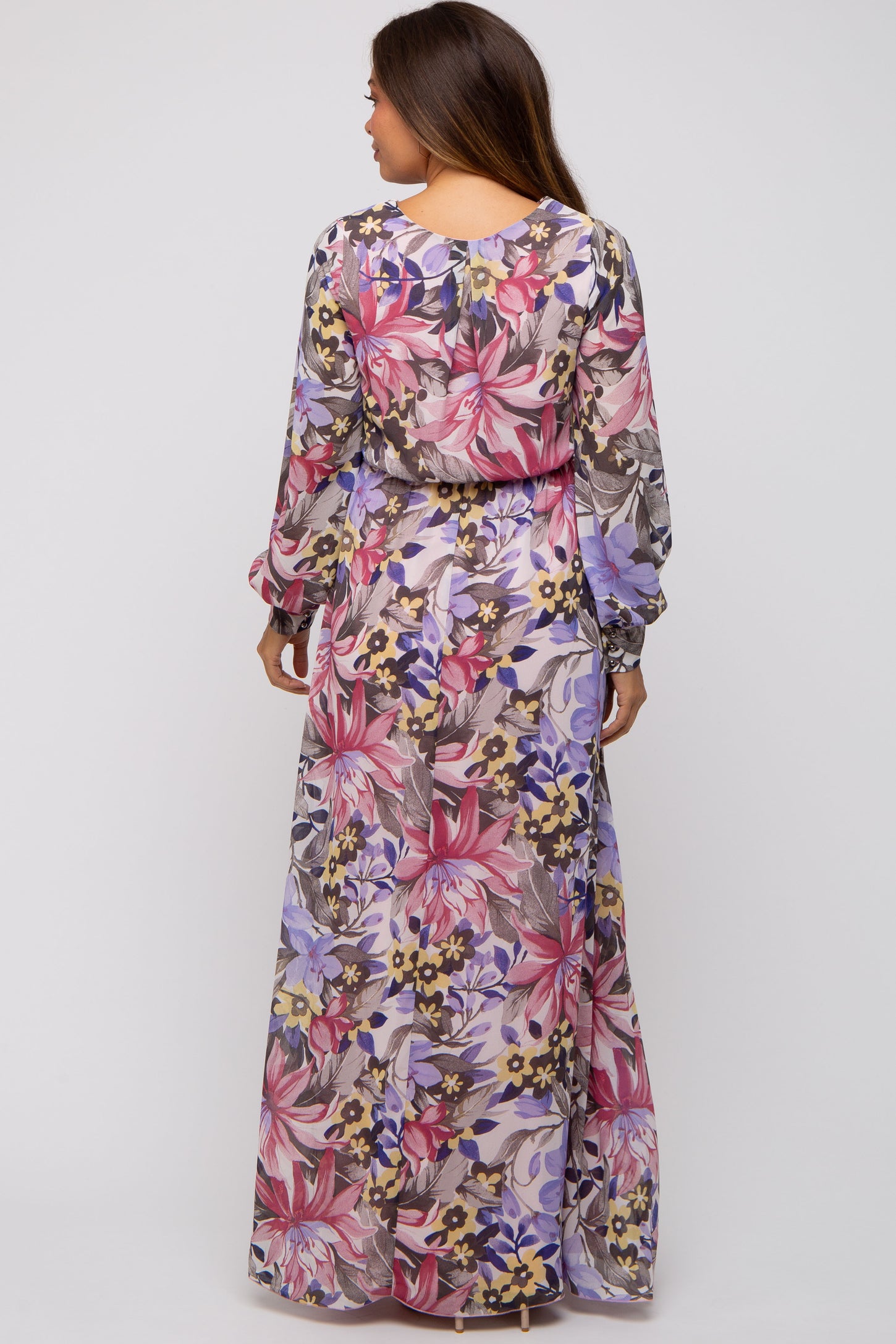 Mauve Floral Chiffon Wrap Front V-Neck Long Sleeve Maternity Maxi Dress