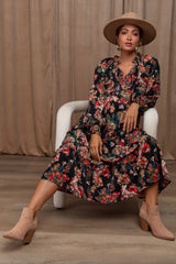 Black Floral Ruffle Neck Tiered Maternity Midi Dress