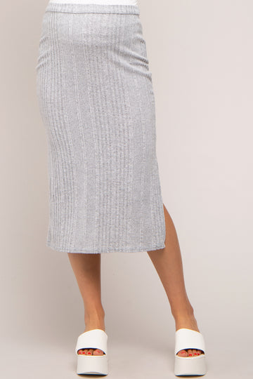 Heather Grey Soft Knit Ribbed Side Slit Maternity Midi Skirt