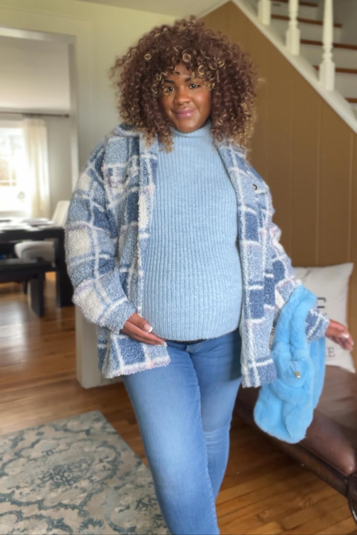 Blue Plaid Sherpa Maternity Jacket