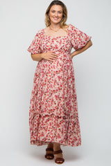 Pink Floral Puff Sleeve Maternity Plus Maxi Dress