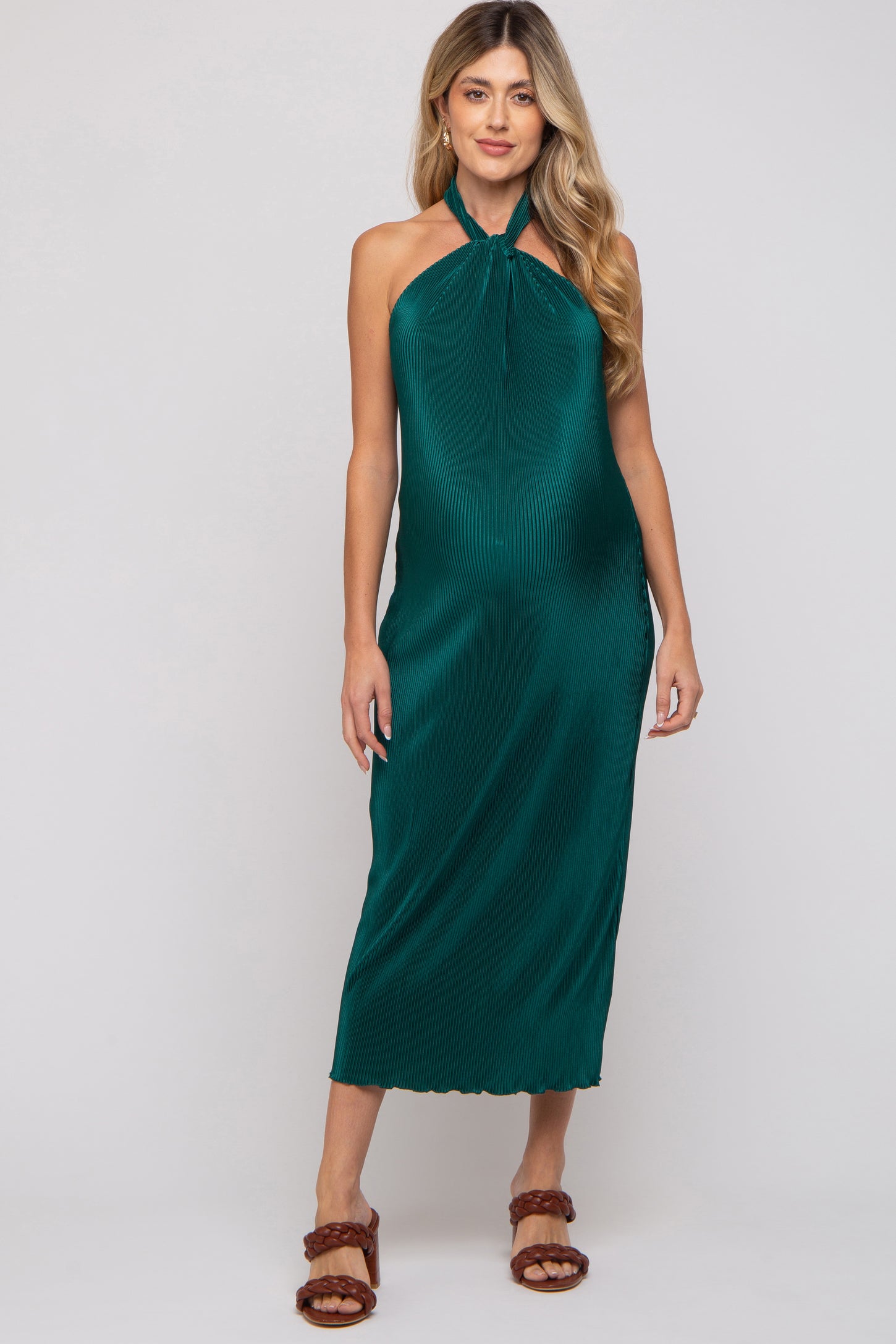 Forest Green Knot Front Plisse Halter Maternity Midi Dress