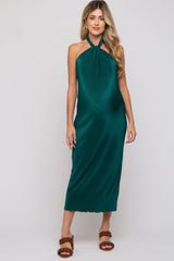 Forest Green Knot Front Plisse Halter Maternity Midi Dress