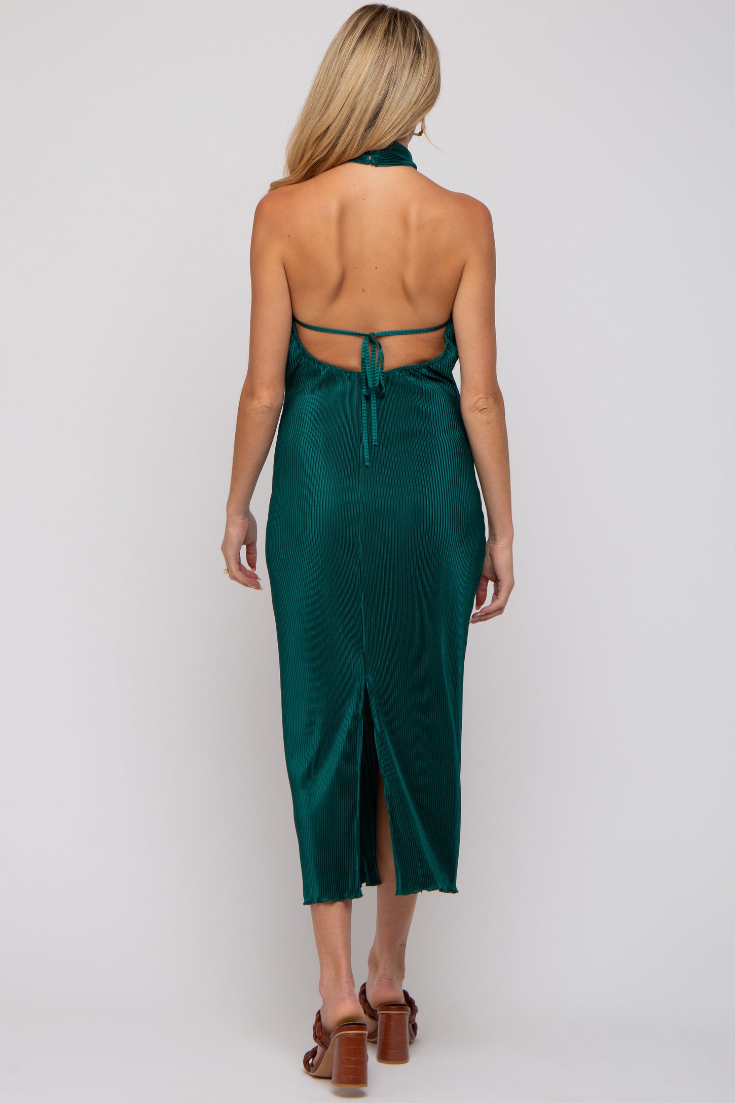Forest Green Knot Front Plisse Halter Maternity Midi Dress