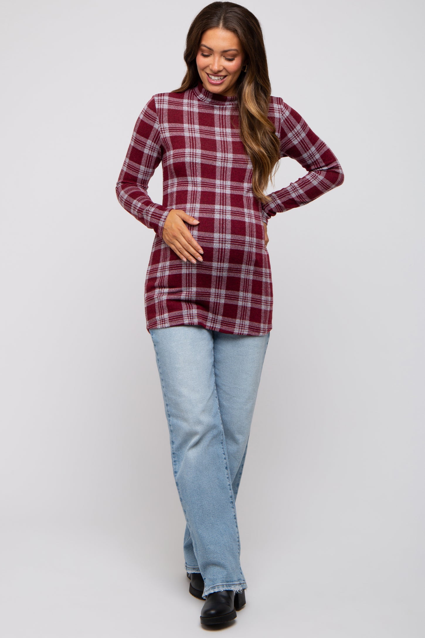 Burgundy Plaid Mock Neck Brushed Long Sleeve Maternity Top