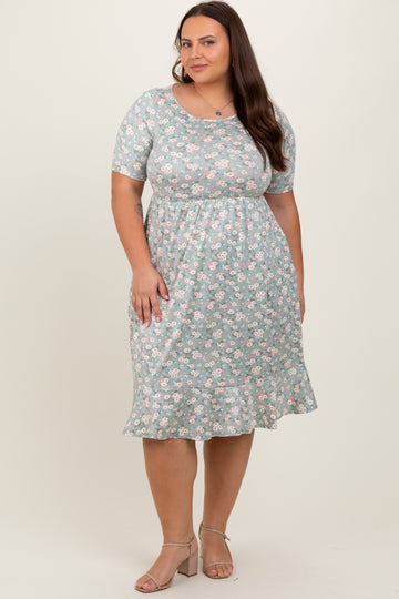 Light Olive Floral Knit Short Sleeve Plus Dress