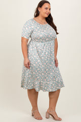 Light Olive Floral Knit Short Sleeve Plus Dress