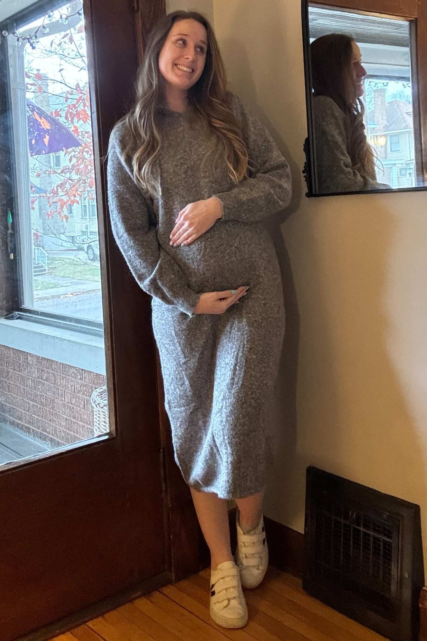 Charcoal Grey Hooded Maternity Sweater Midi Dress