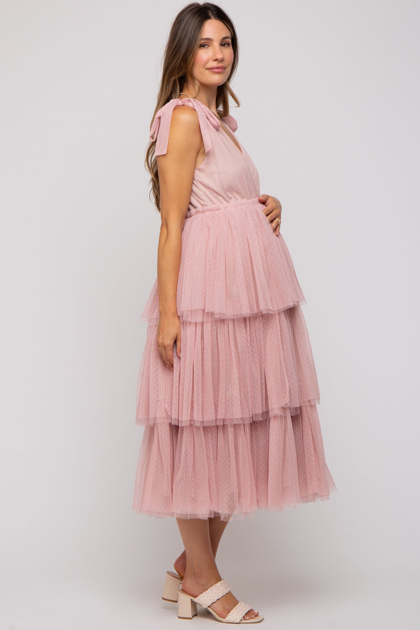 Pink Sleeveless Tiered Tie Strap Tulle Maternity Midi Dress