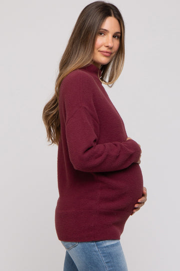 Burgundy Fuzzy Knit Mock Neck Maternity Sweater