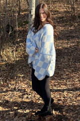 Light Blue Checkered Print Oversized Cardigan