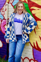 Light Blue Checkered Print Oversized Cardigan