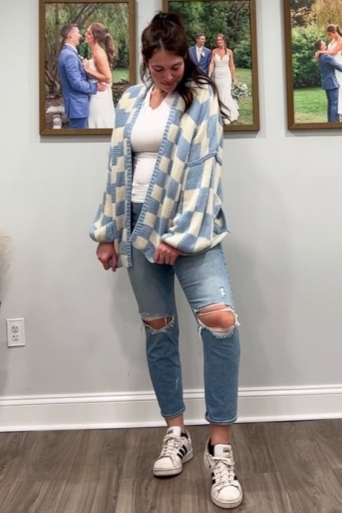 Light Blue Checkered Print Oversized Cardigan