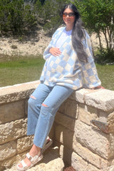 Light Blue Checkered Print Oversized Maternity Cardigan