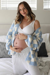 Light Blue Checkered Print Oversized Maternity Cardigan