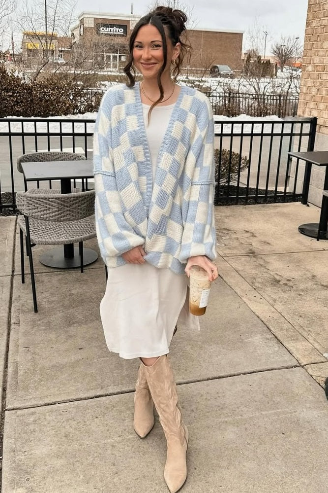 Light Blue Checkered Print Oversized Cardigan