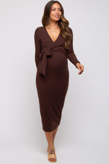 Brown Ribbed Long Sleeve Maternity Wrap Dress