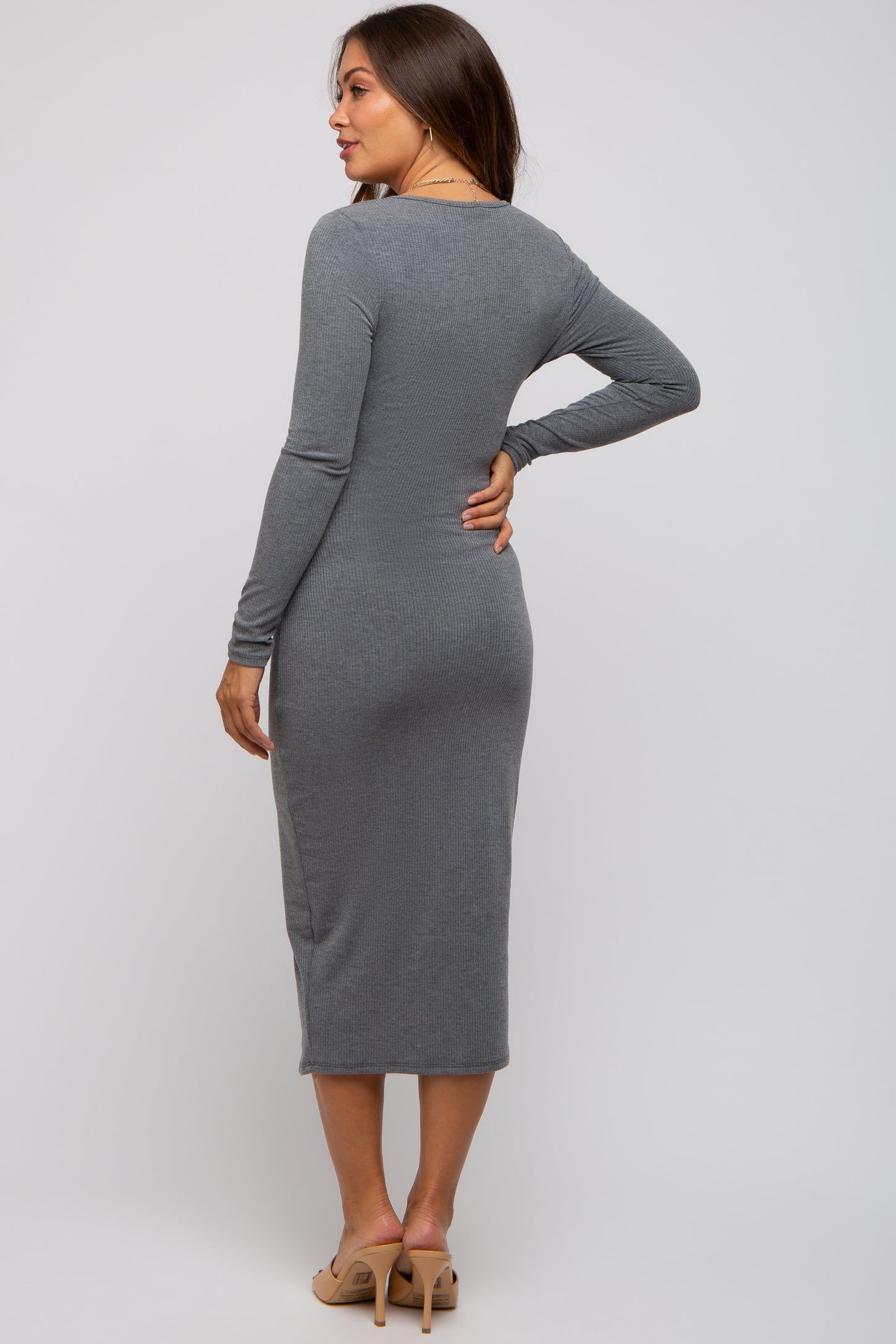 Grey Ribbed Long Sleeve Maternity Wrap Dress