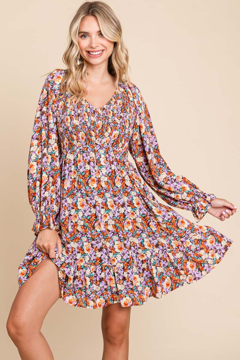 Brown Floral Smocked V-Neck Maternity Dress