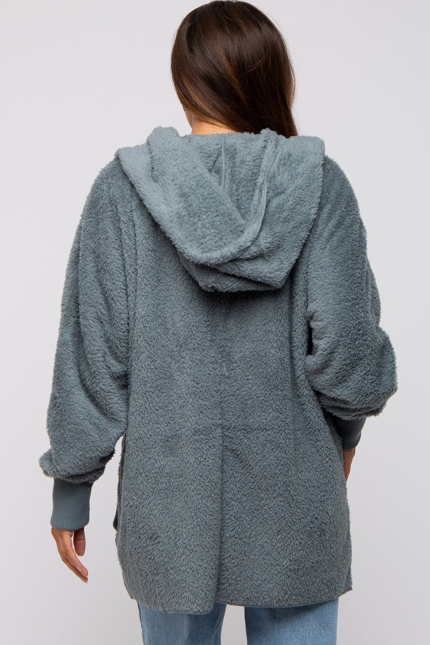 Teal Grey Fuzzy Hooded Long Sleeve Maternity Jacket