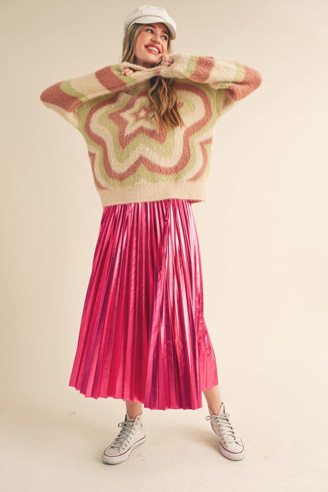 Pink Metallic Pleated Maternity Midi Skirt