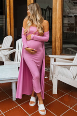 Pink Ribbed Sleeveless Dress Cardigan Maternity Set